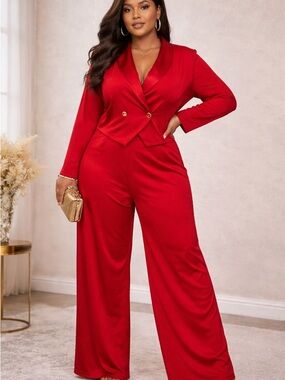 Fashion Nova Red Satin Wide-Leg Pantsuit with Double-Button Blazer NWT  3XL